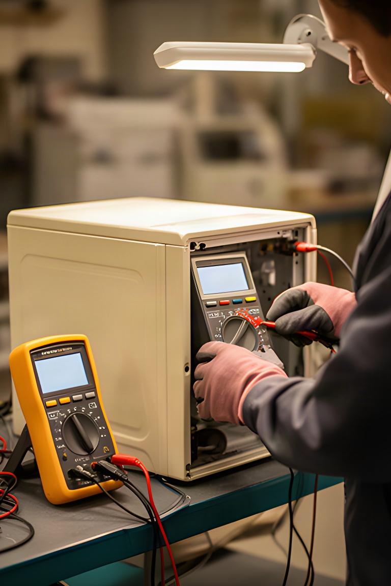 Técnico comprobando el funcionamiento de un aparato reparado con herramientas de medición