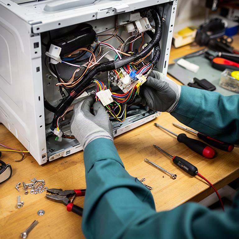 Revisión del cableado interno de un electrodoméstico en una mesa de trabajo del taller