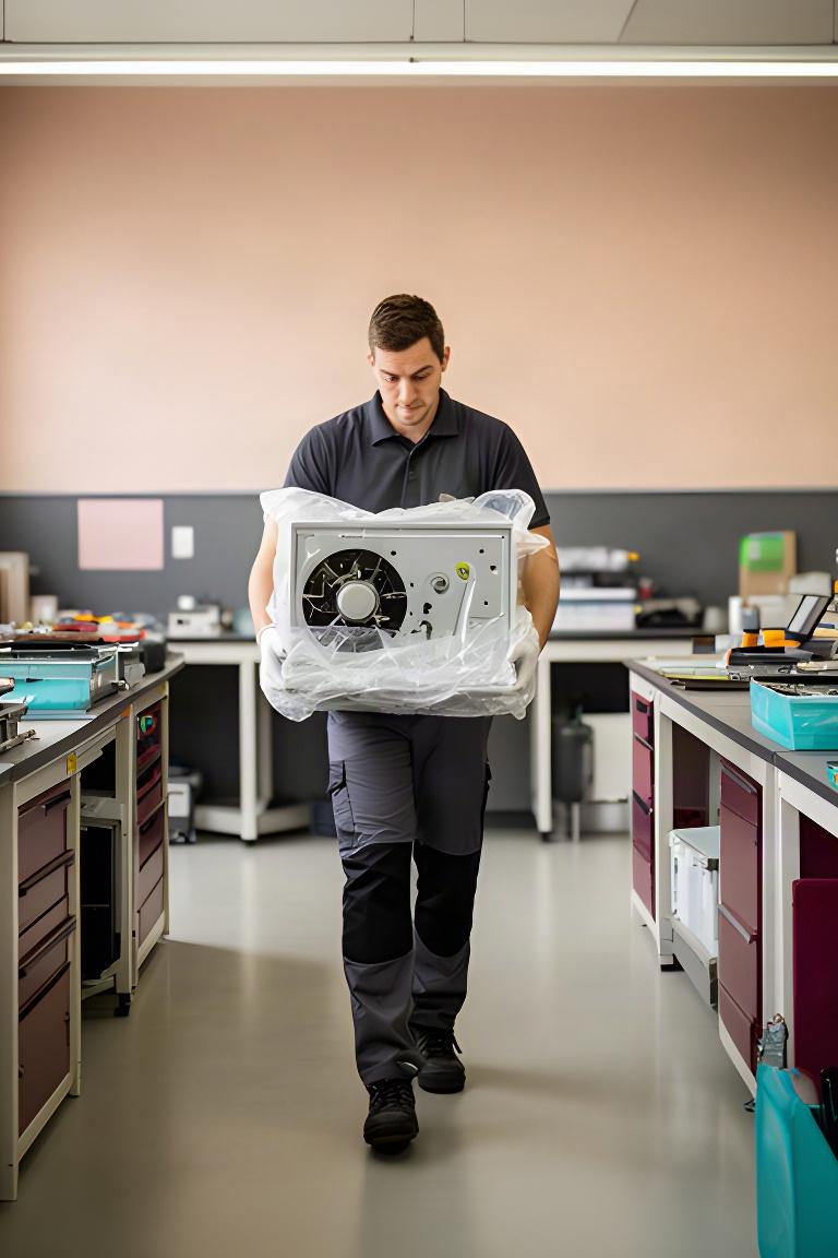 Profesional transportando un equipo revisado dentro de un taller de reparación en Sabadell