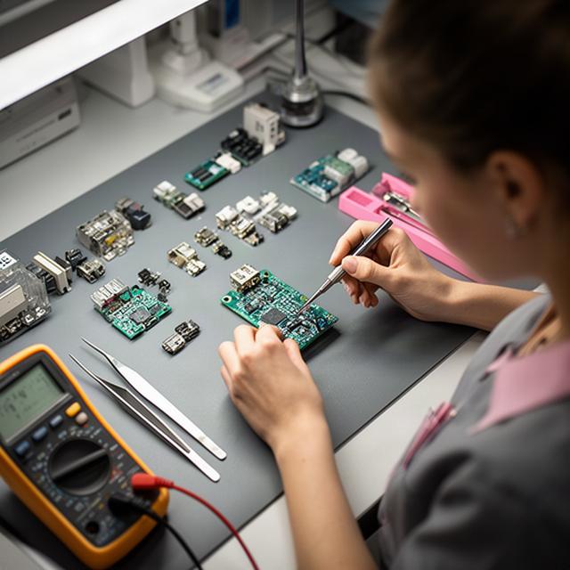 Técnica comprobando componentes electrónicos sobre una mesa de trabajo ordenada